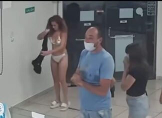 Mulher utiliza vestido como máscara de proteção para poder entrar em sorveteria