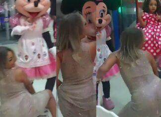 Vídeo: pai fica com “cara de tacho” ao ver esposa rebolando em festa da Minnie da filha