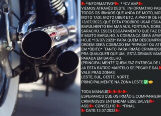 Mensagem atribuída ao Comando Vermelho ameaça dar “ripada” em motoqueiro com escapamento barulhento em Manaus