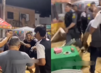 Vídeo : em arraial no Lírio do Vale, PM mete a bicuda em mesa após homem ser detido