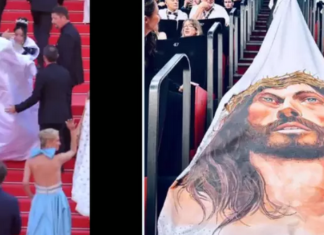 Atriz é ‘retirada’ do tapete vermelho de Cannes após exibir vestido com rosto de Jesus; vídeo