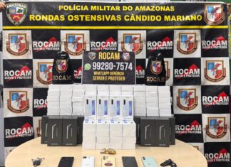 Polícia Militar do Amazonas prende trio e recupera 135 celulares furtados de empresa.