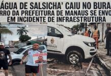 O ‘ÁGUA DE SALSICHA’ CAIU NO BURACO! Carro da Prefeitura de Manaus fica preso em cratera e vira piada nas redes